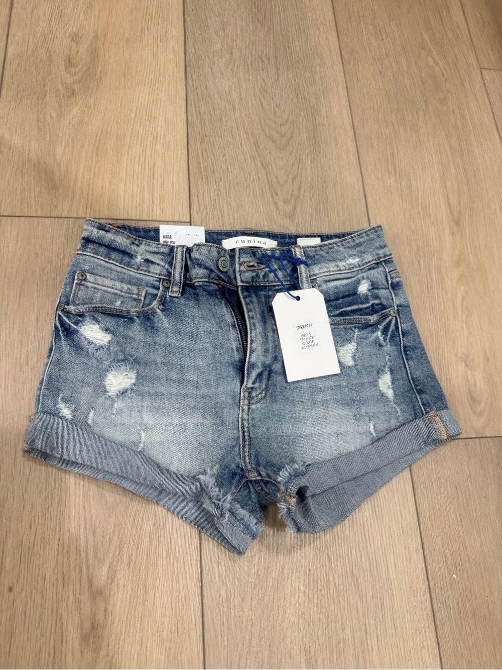 eunina Washed Blue Distressed Rolled-Hem Denim Shorts